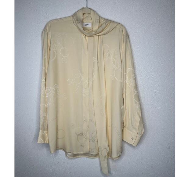 NWT Celine Pale Yellow Chemise Boyfriend Lavallieri Silk Chain Blouse 40 / L